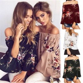 Women Off Shoulder Blouses Shirts Floral Printed Tops Flare Sleeve Tops Shirts