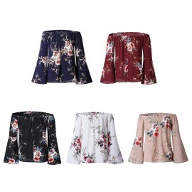 Women Off Shoulder Blouses Shirts Floral Printed Tops Flare Sleeve Tops Shirts