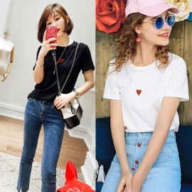 Women Short Sleeve T-Shirt Casual O Neck Ladies Heart Embroidery Shirt Tops