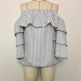 Summer Women Fashion All-match Style Striped Sexy Off Shoulder Strapless Shirt