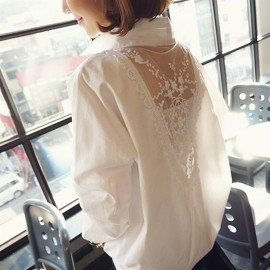 Women's V-neck Lace Patchwork Long-sleeved Backless Shirts Tops and Blouse