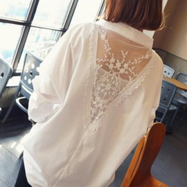 Women's V-neck Lace Patchwork Long-sleeved Backless Shirts Tops and Blouse