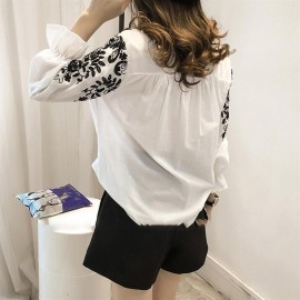 Spring Summer Women Long Sleeves Floral Embroidery Stand-up Collar Shirt