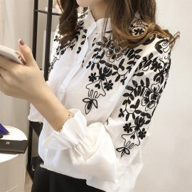 Spring Summer Women Long Sleeves Floral Embroidery Stand-up Collar Shirt