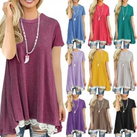 Short Sleeve O-neck Women T-shirt Stitching Lace Fashion Loose Long T-shirt