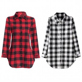 Female Lapel Long Section Plaid Shirt Women Slim Outerwear with Long Sleeves