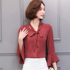 Spring Women Casual Slim Pagoda Sleeves V-neck Bowknot Ribbon Chiffon Shirt