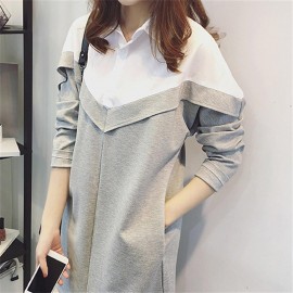 Long-section Turn-down Collar Blouse Special Stitching-Work Dress for Female