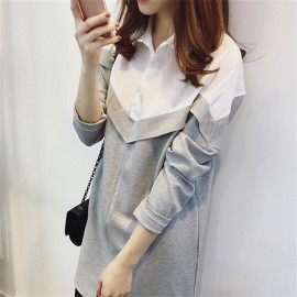 Long-section Turn-down Collar Blouse Special Stitching-Work Dress for Female