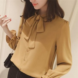 Spring Autumn Women Bow Knot Collar Long Sleeved Solid Color Chiffon Shirt