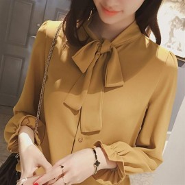 Spring Autumn Women Bow Knot Collar Long Sleeved Solid Color Chiffon Shirt