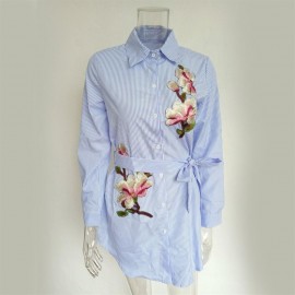 Floral Embroidery Long Sleeve Casual Turn-Down Collar Women Top Shirt Dress